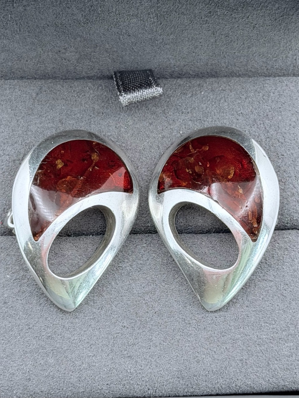 925 Sterling Silver Amber Clip On Earrings Modernist Teardrop Vintage